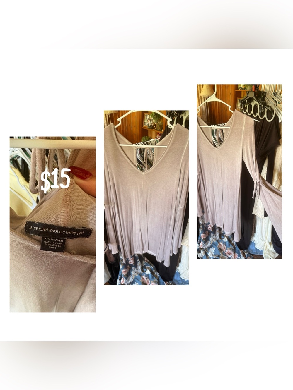 American Eagle Outfitters Light Taupe V-Neck Long Sleeve Tunic